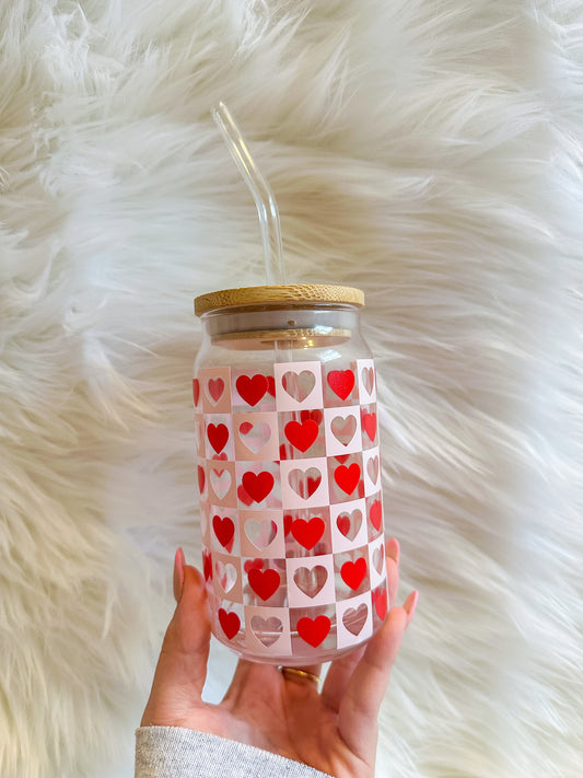 pink and red hearts checkered glass cup